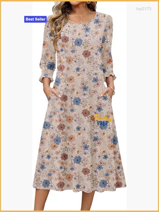 Dresses & Skirts - Floral Midi Dress with Pockets 3/4 Sleeve Casual Summer Dress